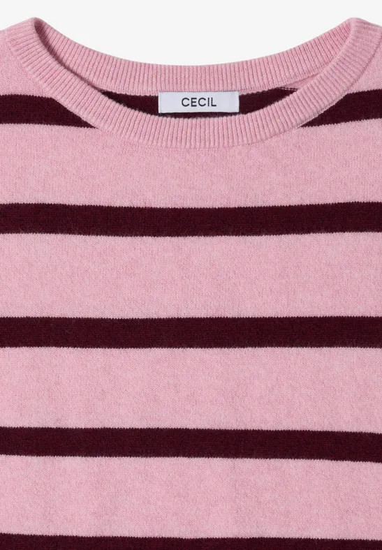 Pull rose clair à rayures bordeaux horizontales, encolure ronde, de la marque Cecil.