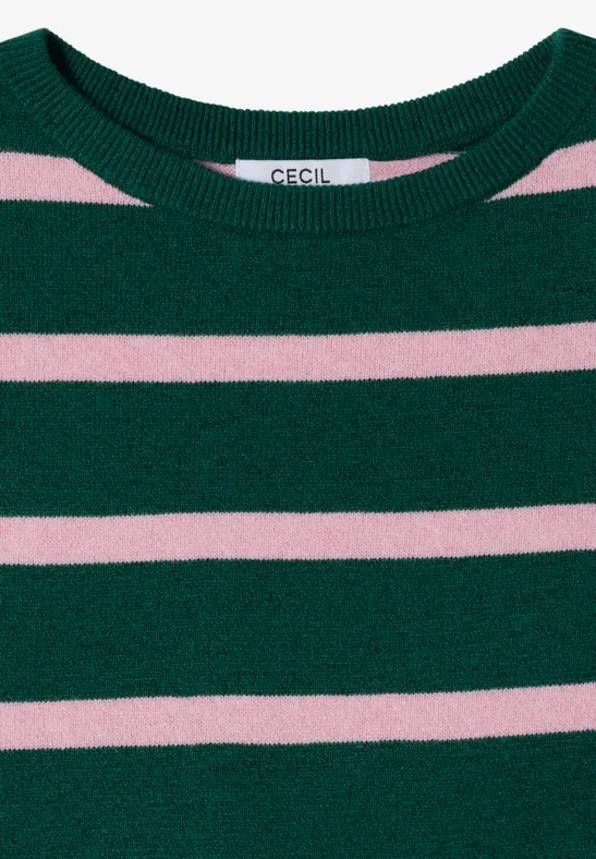 Pull vert à rayures horizontales roses avec col rond