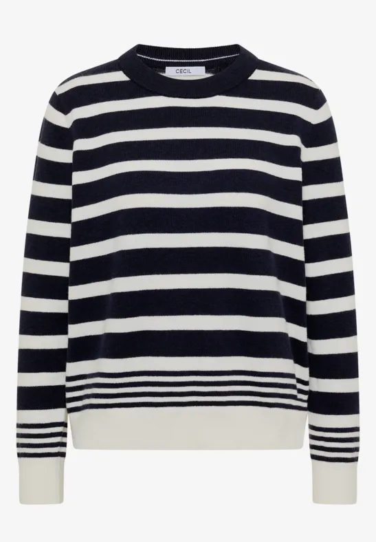 Pull à rayures horizontales bleu marine et blanc avec col rond.