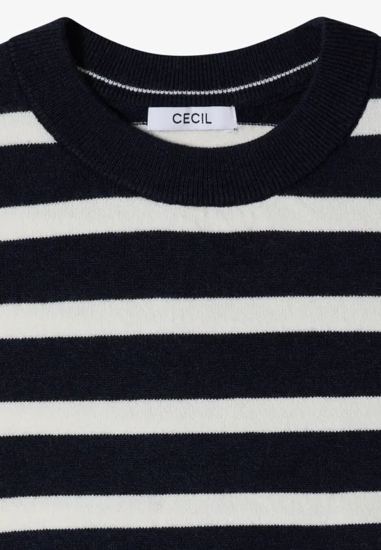 Pull marine à rayures blanches, col rond, étiquette CECIL.