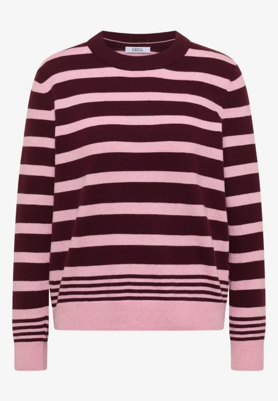 Un pull rayé bordeaux et rose à col rond
