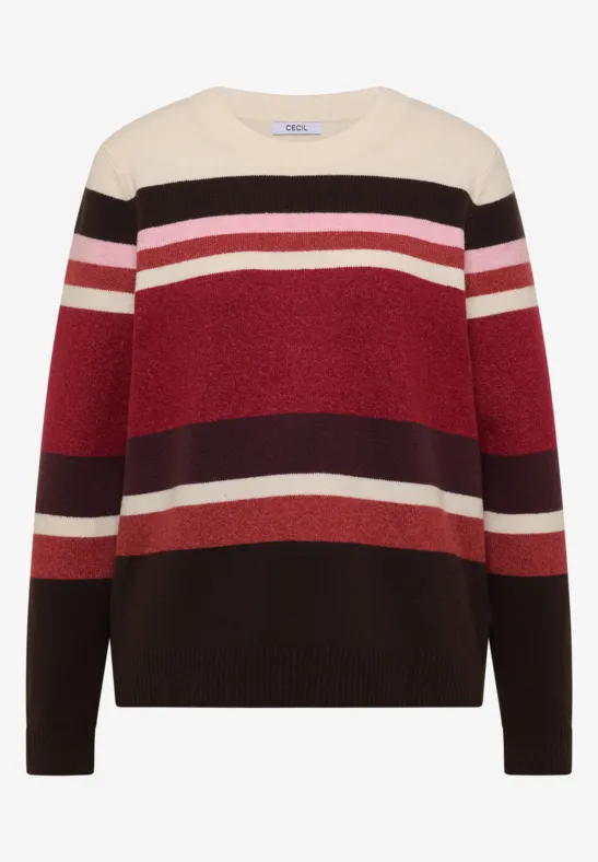 Pull en maille à manches longues et col rond, à rayures horizontales beige, noir, rose et bordeaux.