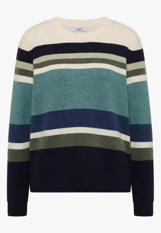 Pull ample à col rond avec larges rayures horizontales crème, vertes et bleues.