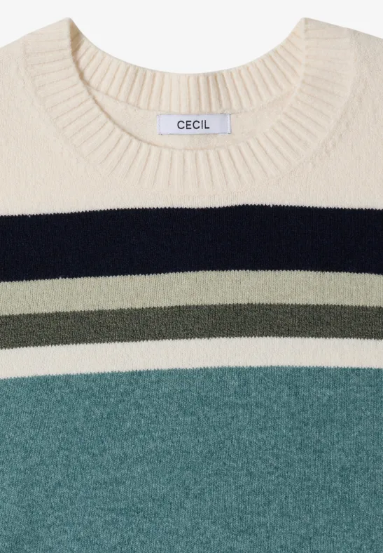 Pull clair à larges rayures horizontales crème, noir, olive et bleu canard.
