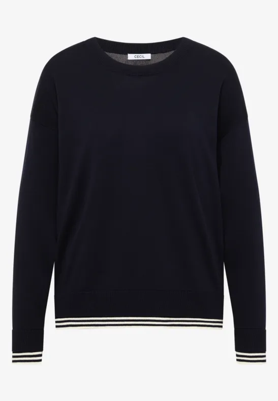 Pull noir col rond avec ourlet rayé