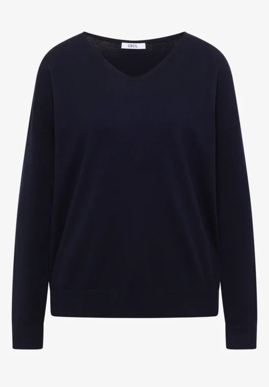 Pull col V bleu marine à manches longues, coupe simple et épurée.