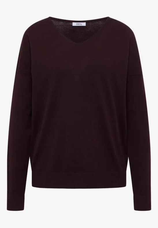 Schlichter, dunkelroter V-Ausschnitt-Pullover mit langen Ärmeln.