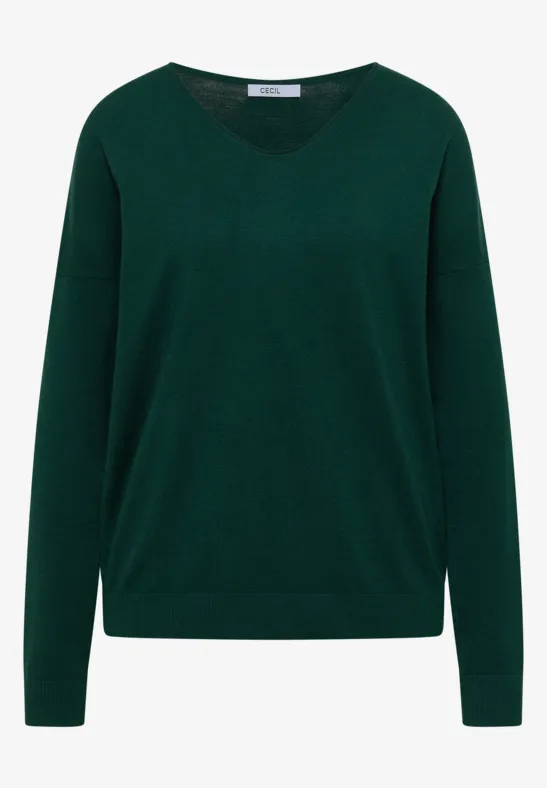 Dunkelgrüner V-Pullover mit langen Ärmeln, minimalistisches Design.