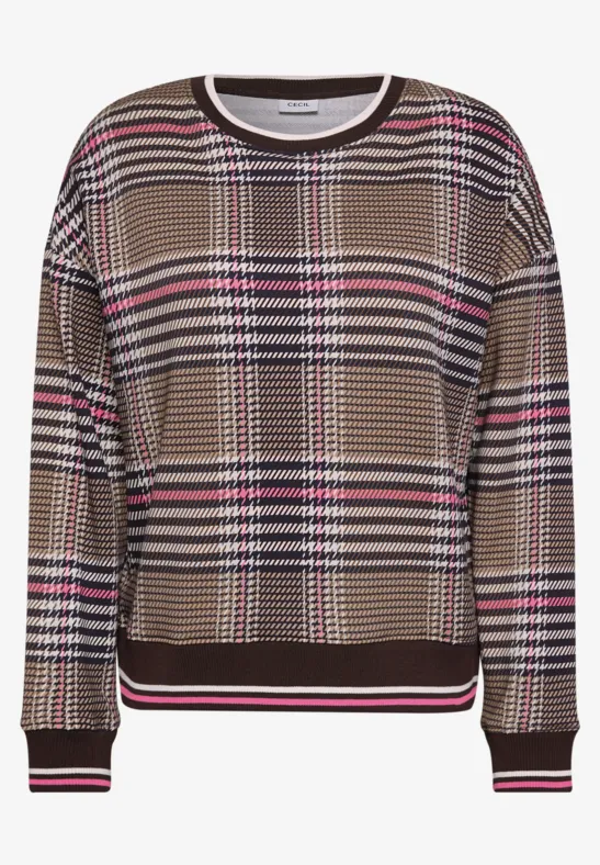 Brauner karierter Pullover mit Rundhals, langen Ärmeln und Kontraststreifen an Bündchen und Saum.