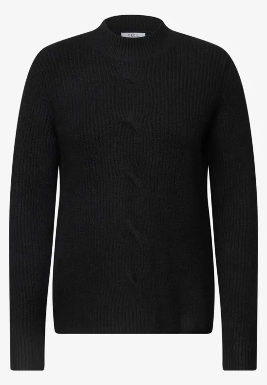 Schwarzer, gestrickter Pullover mit Rundhalsausschnitt und langen Ärmeln.