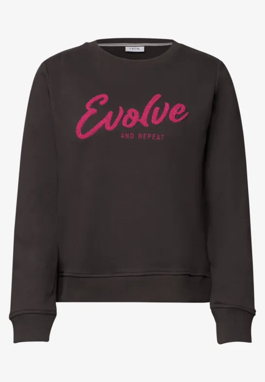 Schwarzes Sweatshirt mit pinkem Schriftzug 'Evolve and Repeat'