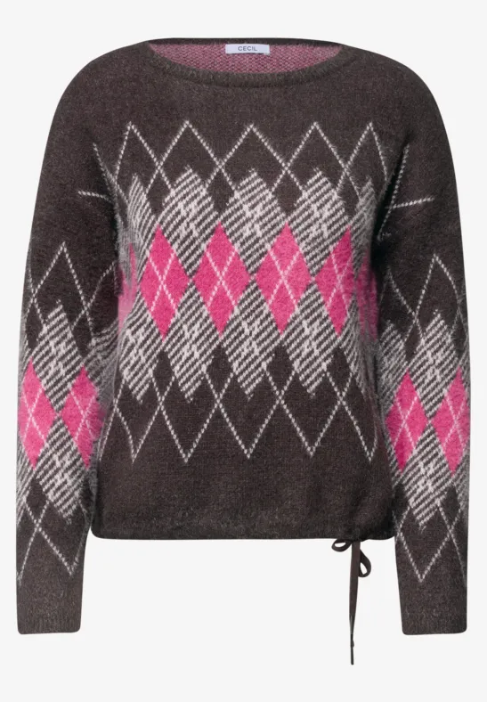 Graumelierter Pullover mit Rautenmuster in Hellgrau und Pink, Rundhals, lange Ärmel, Kordelzug am Saum.