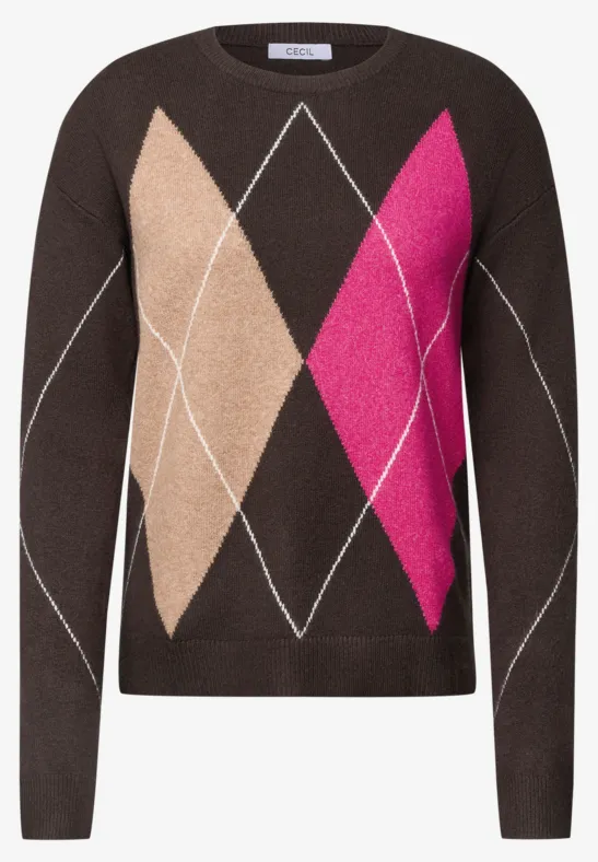 Brauner Pullover mit Rautenmuster in Beige und Pink