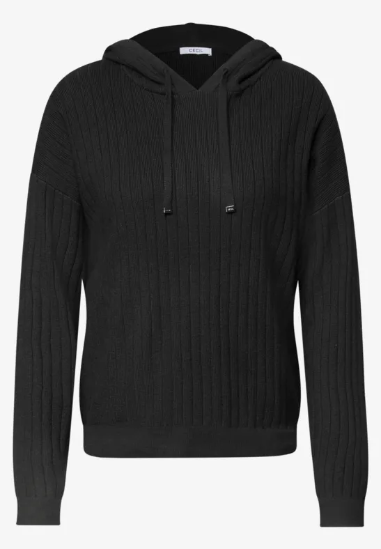Schwarzer, gerippter Kapuzenpullover mit Kordelzug und langen Ärmeln.