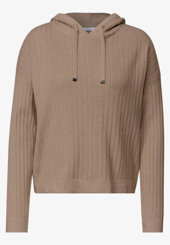 Pull à capuche beige en maille côtelée, manches longues, coupe décontractée et cordon de serrage à la capuche.