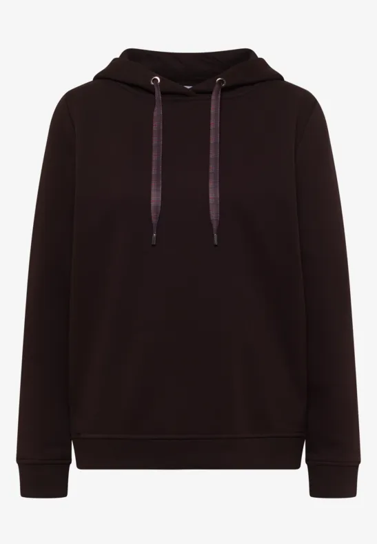 Schwarzer Hoodie mit Kapuze, Kordelzug und langen Ärmeln.