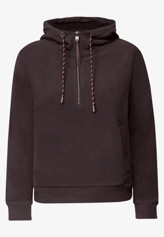 Dunkelgrauer Kapuzenpullover mit kurzem Reißverschluss, Kordelzug und Taschen.