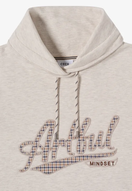 Beiger Kapuzenpullover mit dem Schriftzug Artful in kariertem Karomuster und MINDSET.