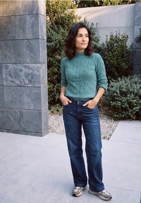 Personne en pull vert et jean, posant devant un mur en pierre et des arbustes.