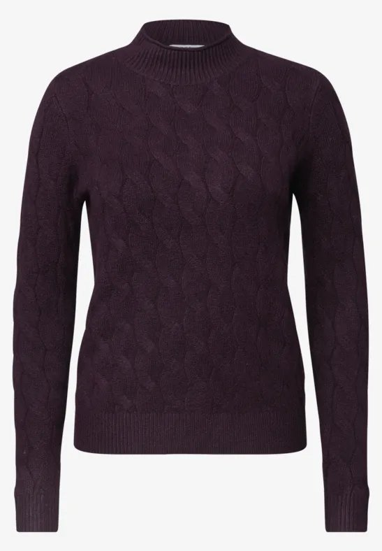 Pull femme violet foncé à torsades, col rond et manches longues