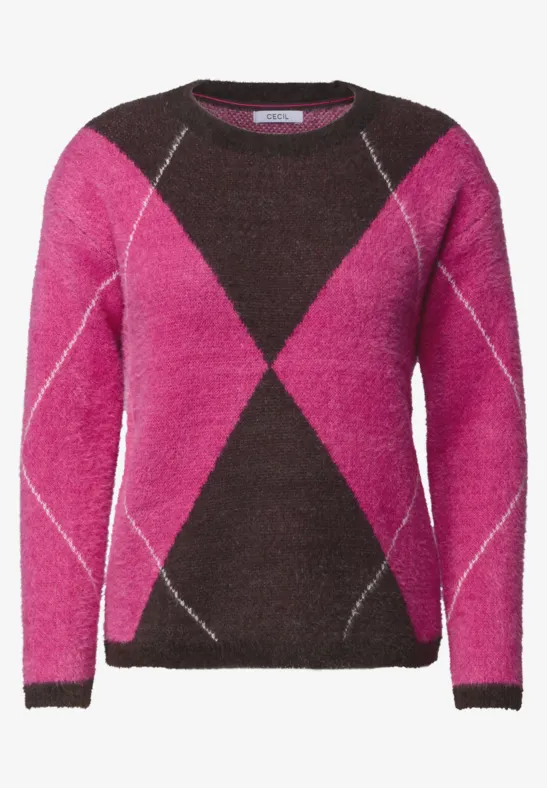 Damenpullover in Pink und Dunkelbraun mit Argyle-Muster, weich und langärmelig.
