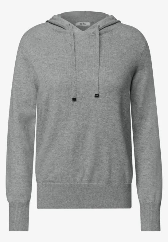 Sweat à capuche gris chiné, poche kangourou et cordon de serrage, style décontracté et épuré.