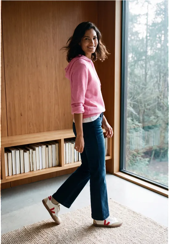 Eine Frau in rosa Sweatshirt und Jeans steht lächelnd am Fenster in einem hellen, gemütlichen Raum.