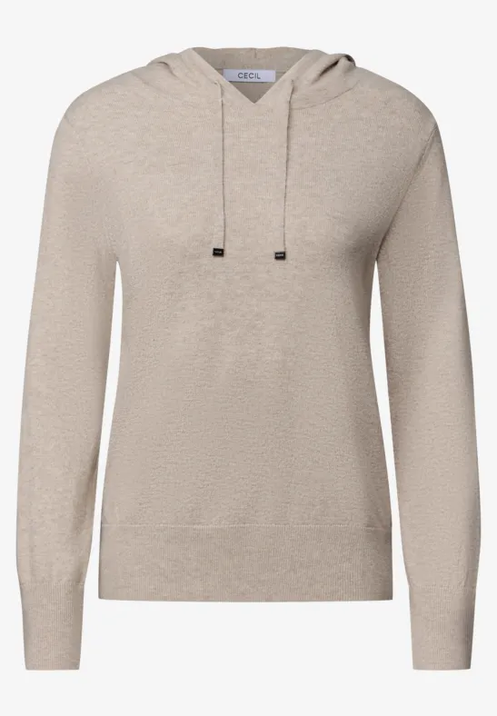Helles beiges Kapuzensweatshirt aus weichem Stoff mit Kordelzug und gerippten Bündchen.