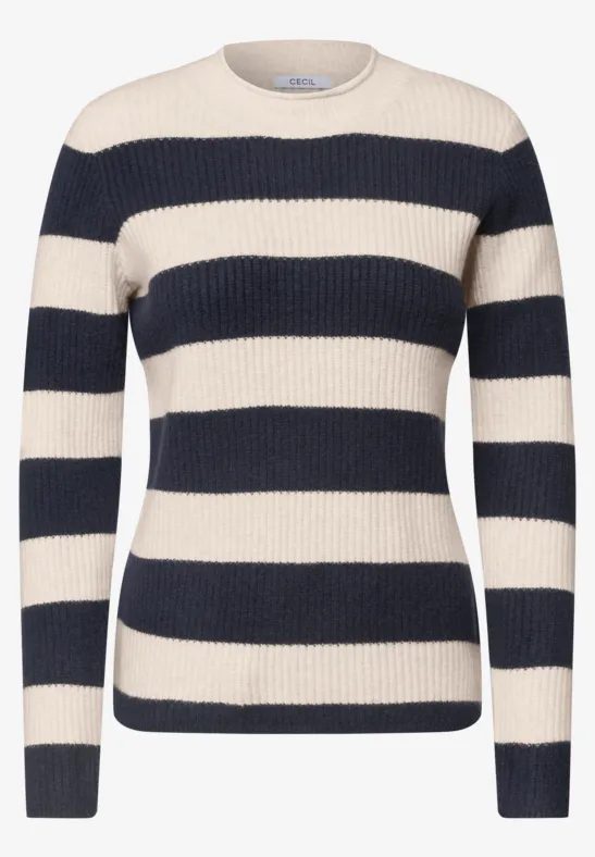 Pull femme à rayures horizontales beige et bleu marine, col rond et manches longues, tricoté.