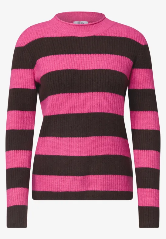 Pull rayé rose et noir, col rond et manches longues.