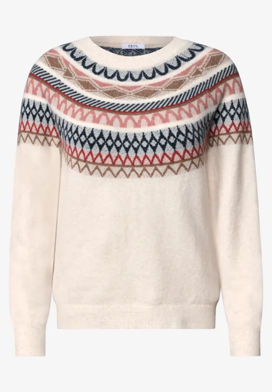 Beżowy sweter z nordyckim wzorem w kolorach niebieskim, czerwonym i brązowym, luźny krój.