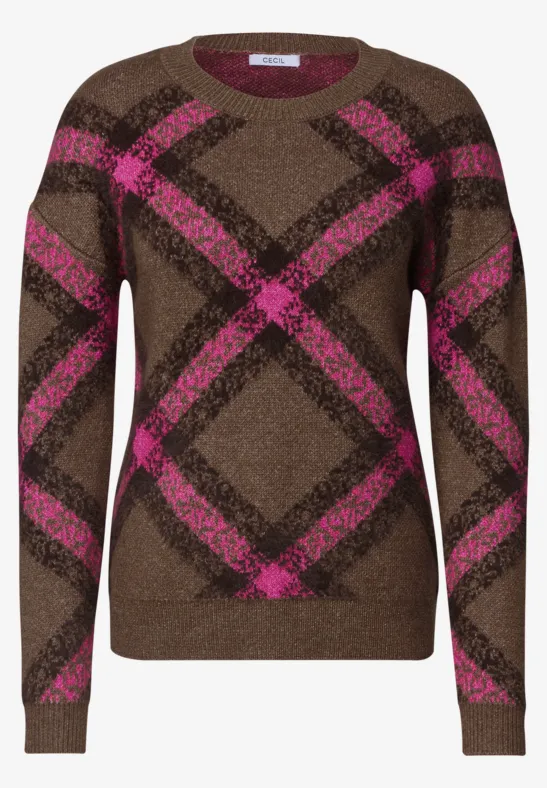 Brauner Pullover mit pinkem Karomuster.