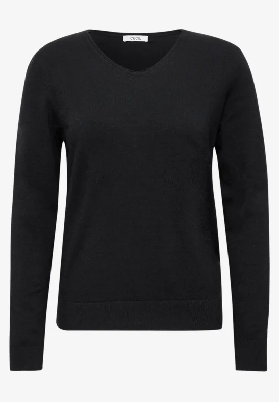 Schwarzer V-Ausschnitt-Pullover mit langen Ärmeln und schlichter Passform.