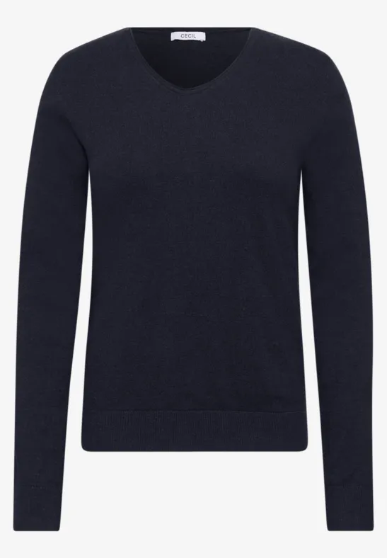 Schwarzer V-Ausschnitt-Pullover mit langen Ärmeln.