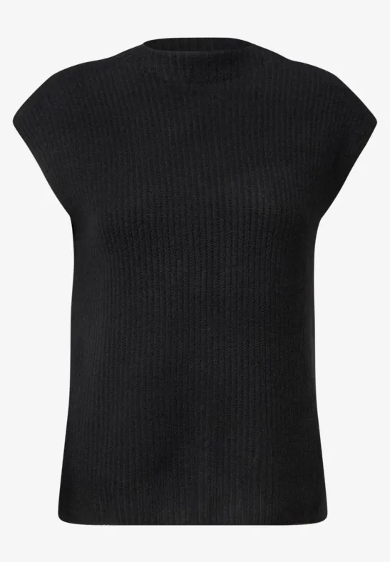 Schwarzes, geripptes Strickoberteil mit kurzem Arm und Rundhalsausschnitt.