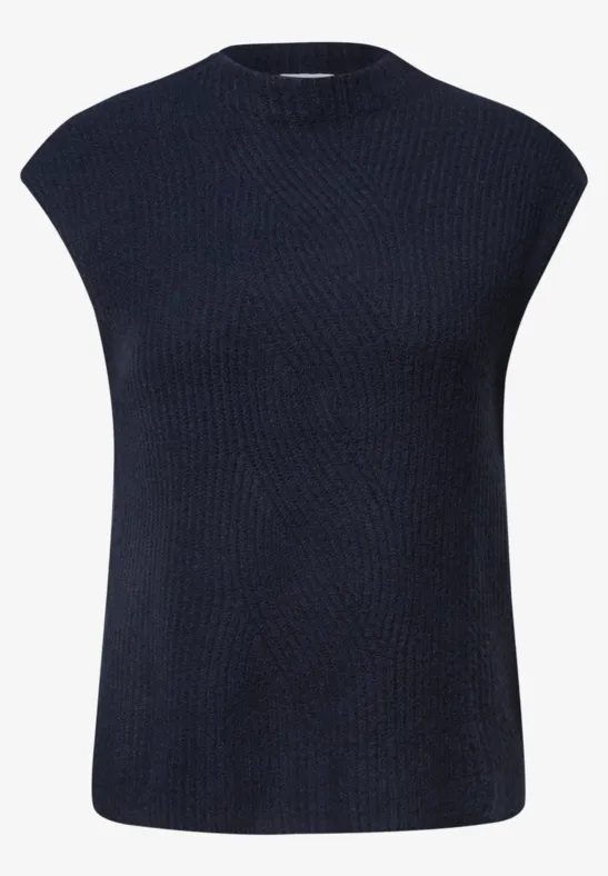 Ärmelloses, dunkelblaues, geripptes Strickoberteil.