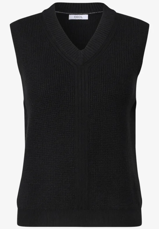 Schwarzer, ärmelloser Strickpullover mit V-Ausschnitt.