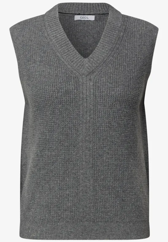 Grauer, ärmelloser Strickpullover mit V-Ausschnitt.