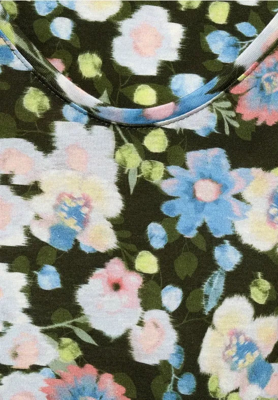 T-Shirt mit Blumen Muster utility olive