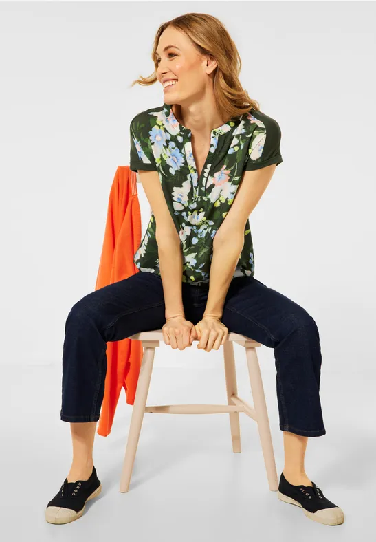 T-Shirt mit Blumen Print utility olive