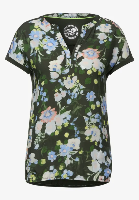 T-Shirt mit Blumen Print utility olive