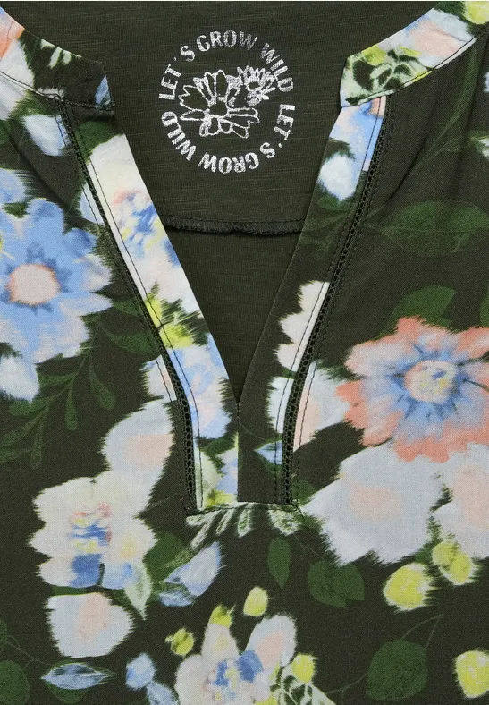 T-Shirt mit Blumen Print utility olive