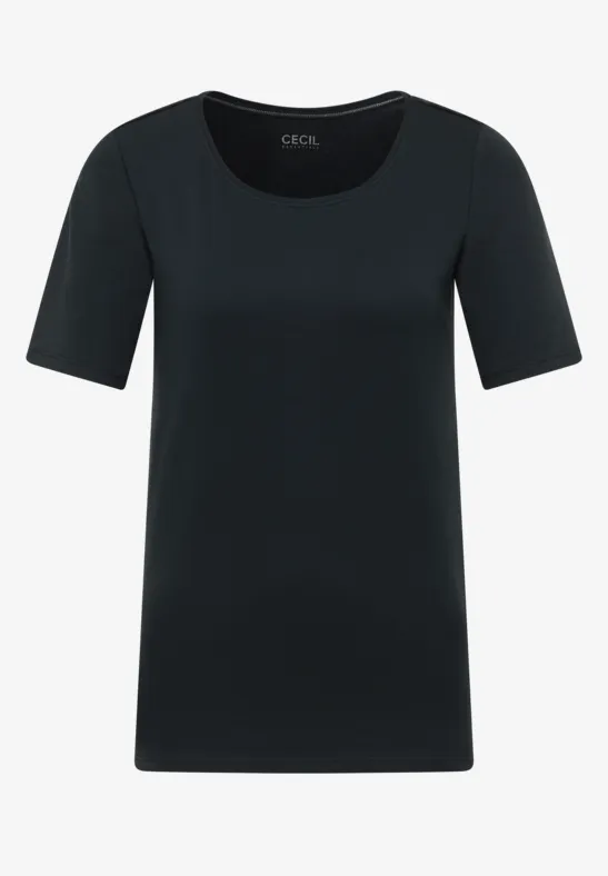 Schwarzes T-Shirt mit halblangen Ärmeln und rundem Ausschnitt, schlicht und zeitlos.