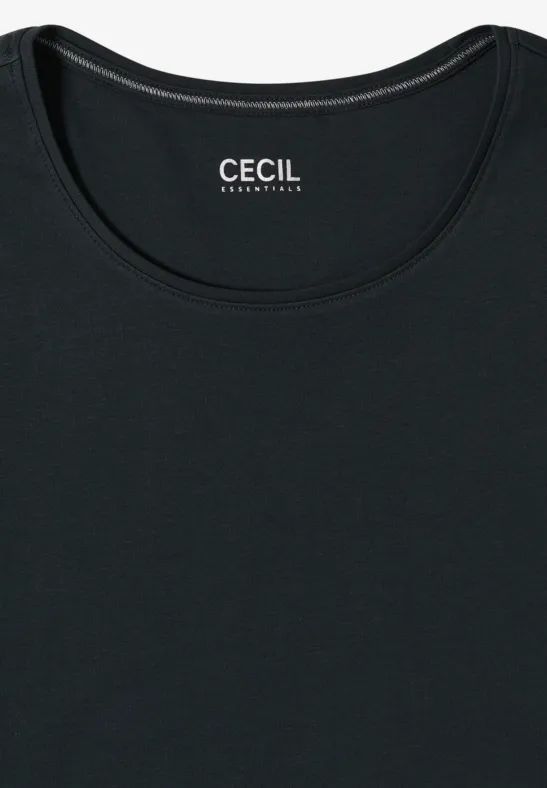 Schwarzes ärmelloses Damen-Top mit Rundhalsausschnitt und dezentem Logo-Aufdruck 'CECIL'.
