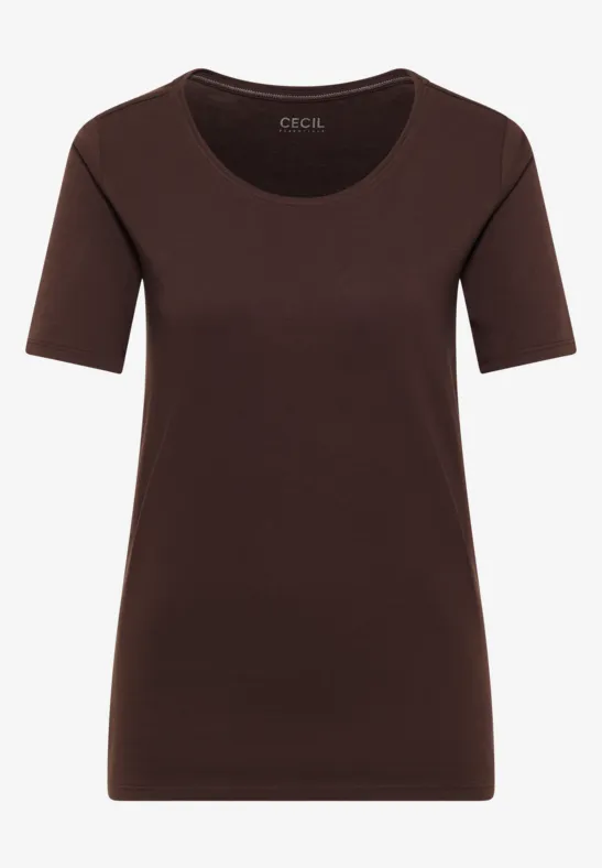 Dunkelbraunes T-Shirt mit Rundhalsausschnitt und kurzen Ärmeln.