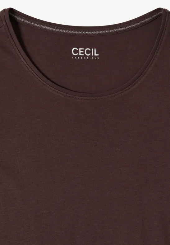 Dunkelbraunes T-Shirt mit Rundhalsausschnitt, schlichtes Design, CECIL-Logo am Nacken.