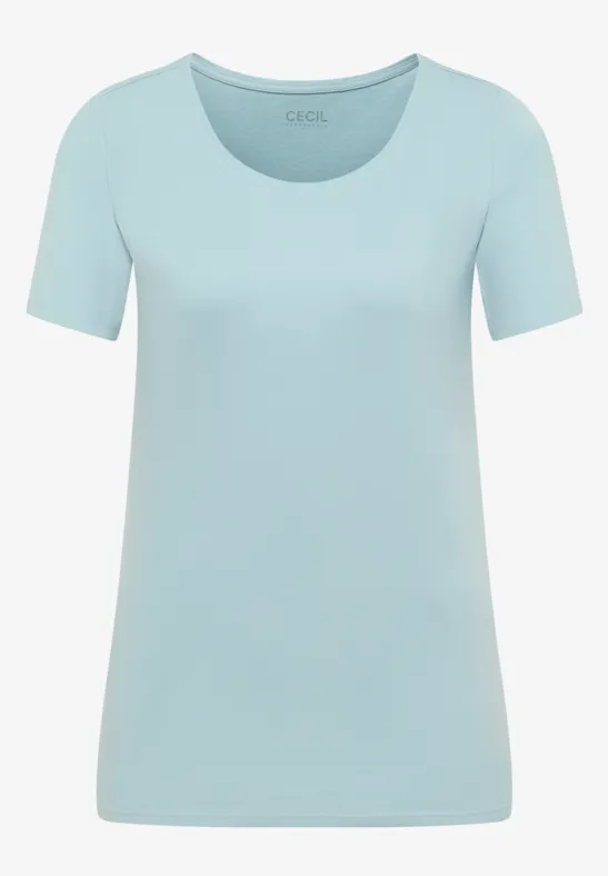 Hellblaues Kurzarm-Shirt mit rundem Ausschnitt.