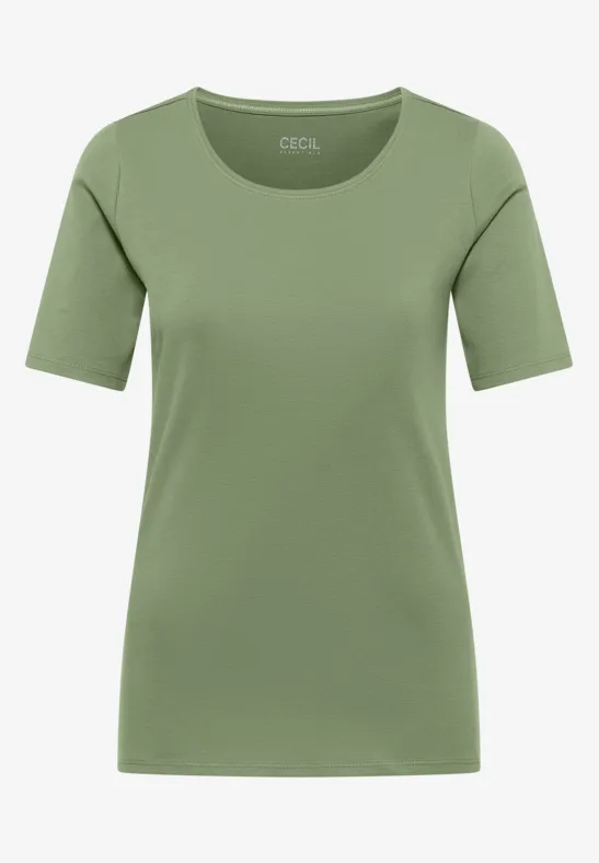 Effen olijfgroen T-shirt met korte mouwen en ronde hals.