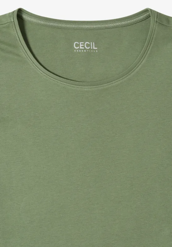Een eenvoudig olijfgroen T-shirt met ronde hals en CECIL-logo in de nek.