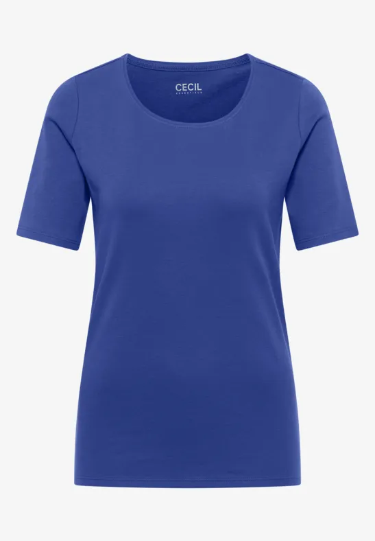 Een effen koningsblauw T-shirt met halflange mouwen en ronde hals.